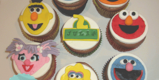 Vegan Organic Sesame Street Cupcakes, fondant sesame street toppersk, big bird, elmo, ernie, cookie monster, bert, abby, grover