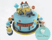 fondant digger, street signs, sculpted digger cake, Construction birthday party cake, construction cupcakes.