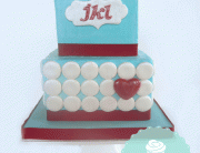 red blue white sqaure baby shower cake, circles and heart cake, custom cakes vancouver, cakes vancouver